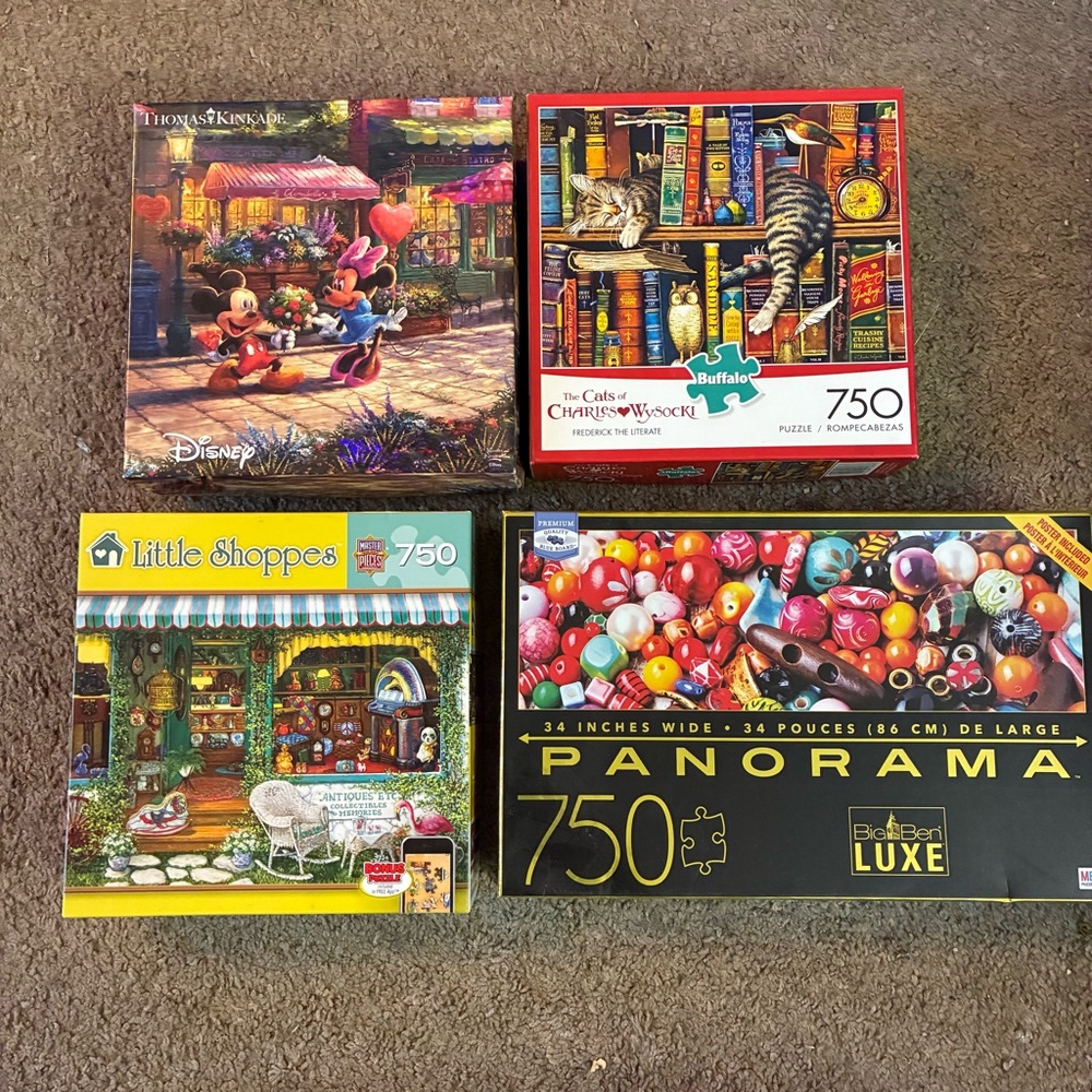 Lot of 4 - 750 Piece Jigsaw Puzzles Mickey, Antique Shop, Cats, Colored Beads